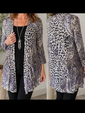 Chico’s Linen Blend Open Cardigan Animal Print Paisley Purple Beige Size 2 Large
